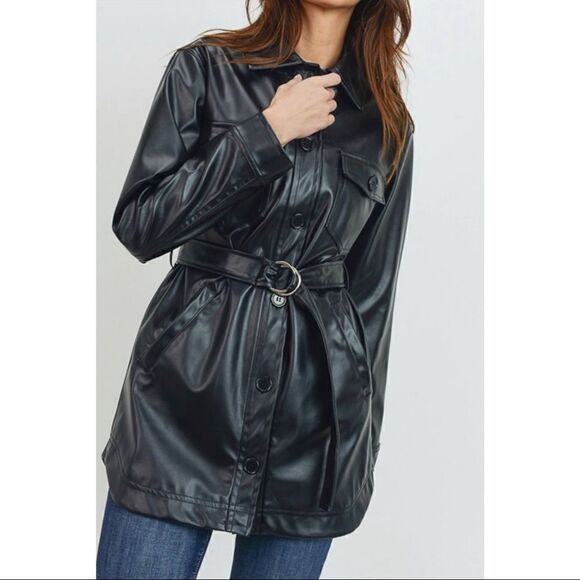 Faux Leather Belted Long Jacket - Picture 2 of 5